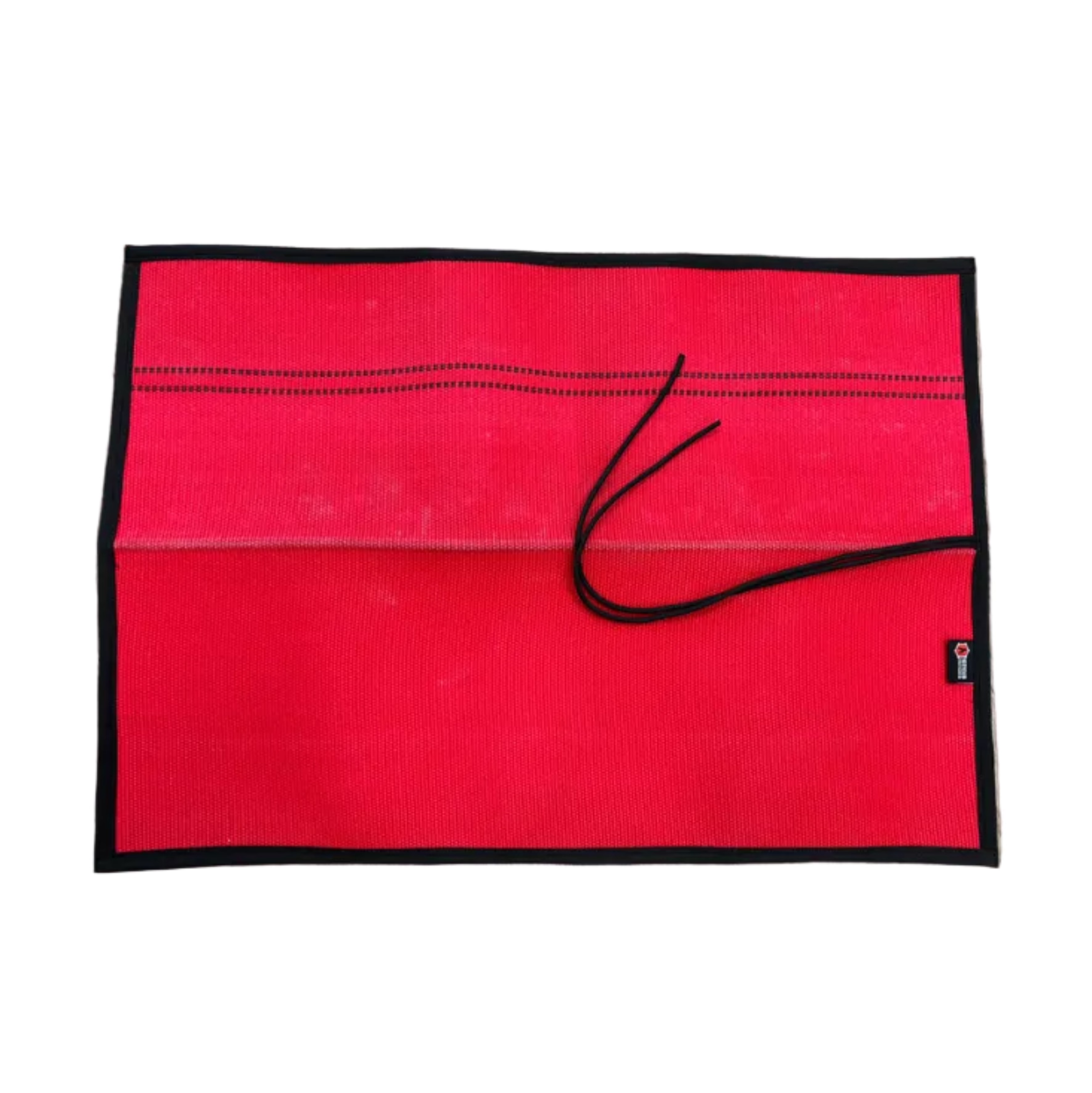 Drop Zone Mat Premium in red fire hose, folded view showing paracord tie loop closure — Recycled Firefighter