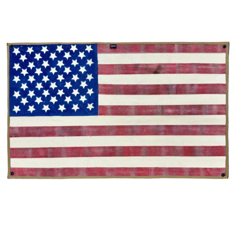 American Flag — Vintage Fire Hose Edition. 24x42 weathered wall art handcrafted by Recycled Firefighter from decommissioned fire hose.