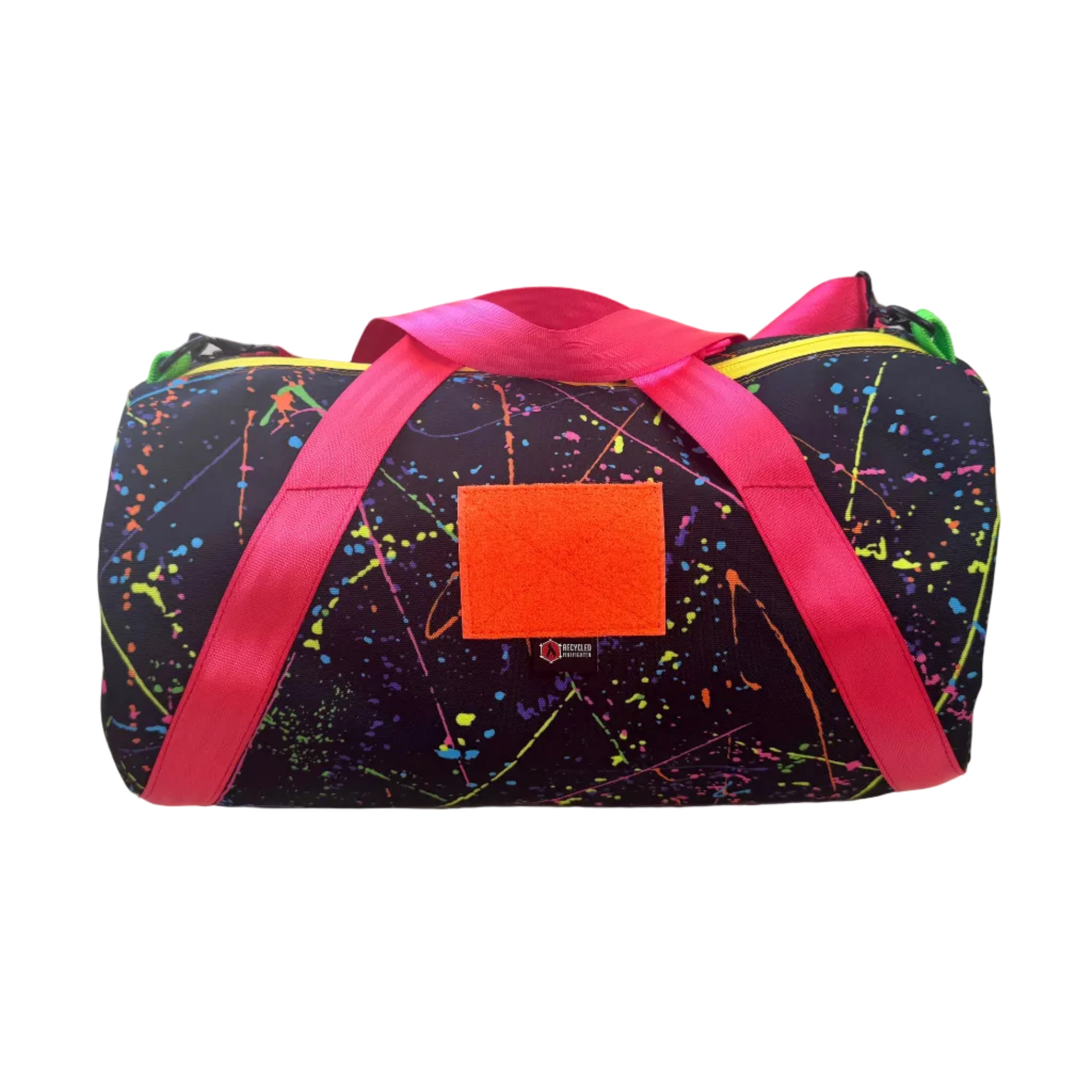 Barrel Duffle Bag 1000D in SPLATTER variant by Recycled Firefighter - neon paint-splatter 20L tactical duffle handcrafted in USA from 1000D Cordura nylon.
