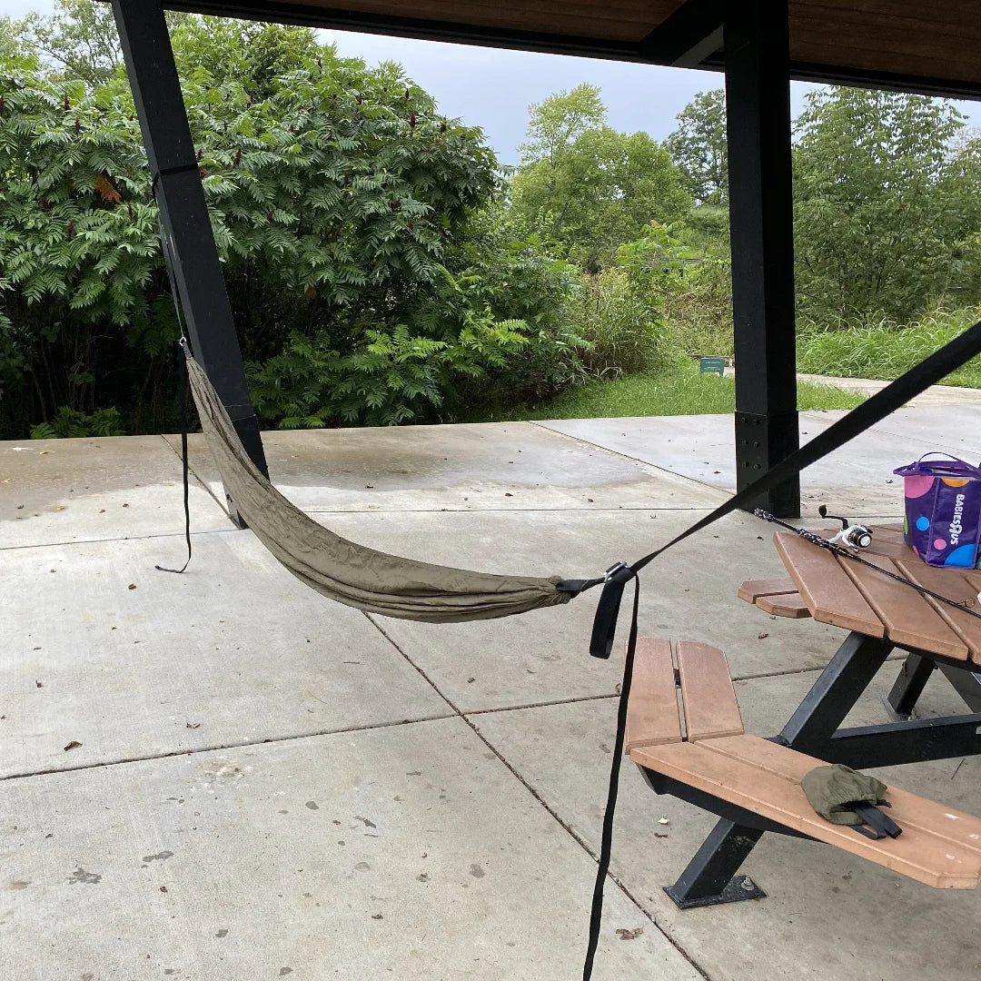 Recycled Firefighter Parachute Hammock featuring olive drab. Durable construction honors service with professional quality.