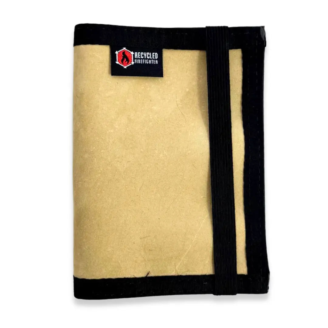 Coyote and Black Passport Notebook Wallet Combat Boot Leather by Recycled Firefighter. Quality tactical gear celebrating first responder heritage.