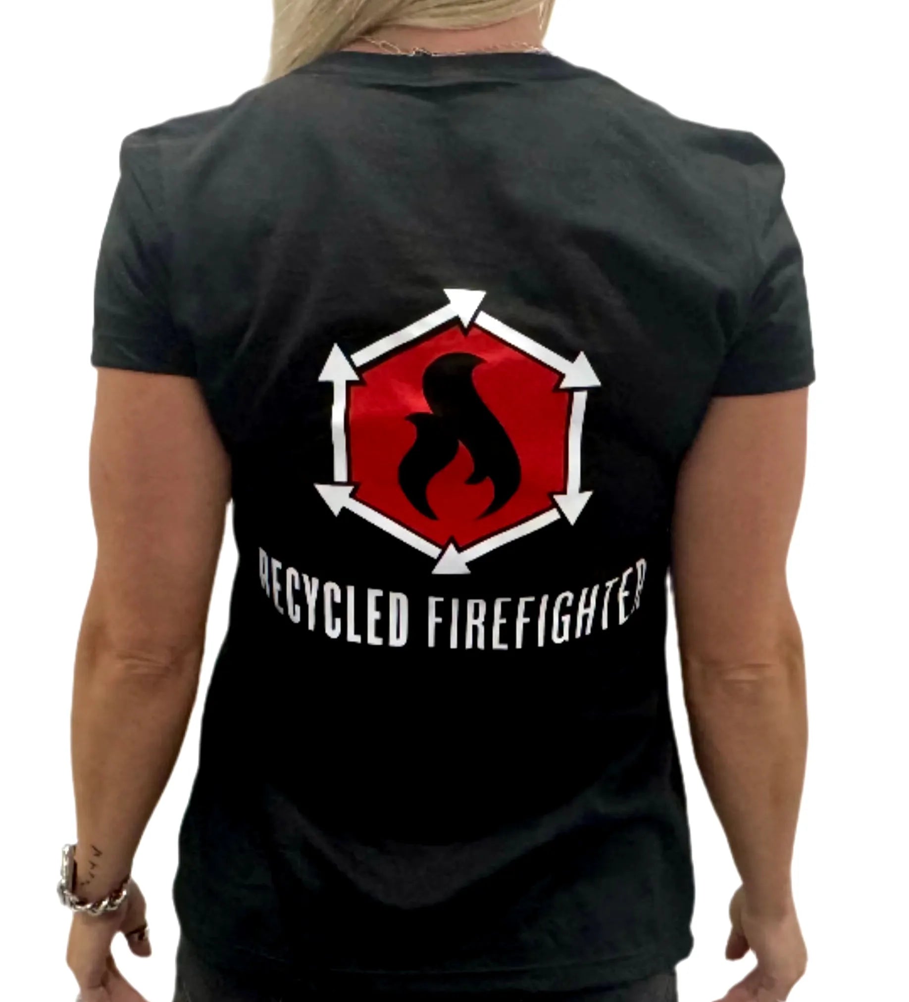 A soft, black t-shirt showing the Recycled Firefighter logo. The logo is a circular design with two crossed firefighting axes and the brand name in bold lettering. Available in men's crew neck and women's v-neck styles.