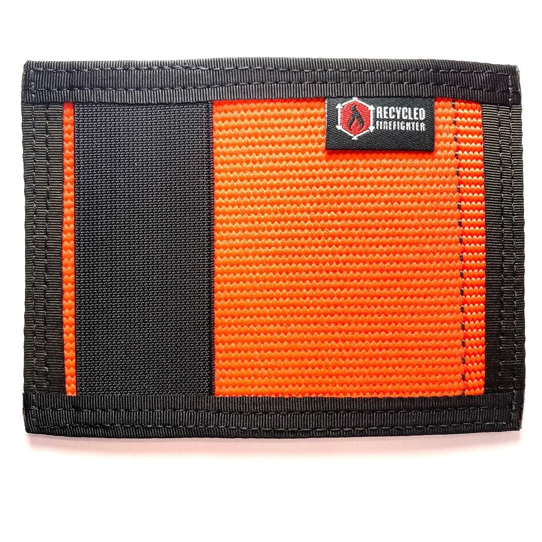 High-vis orange and black Rookie Wallet from Recycled Firefighter. Emergency response coloring identifies gear quickly.