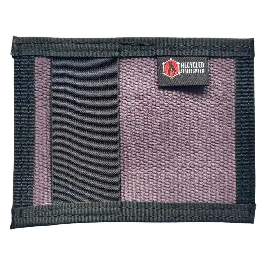 Unique purple and black Rookie Wallet by Recycled Firefighter. Distinctive fire hose design stands out.