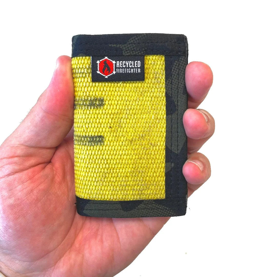 Yellow exterior with multicam black Rookie Wallet from Recycled Firefighter. Balances brightness with tactical appeal.