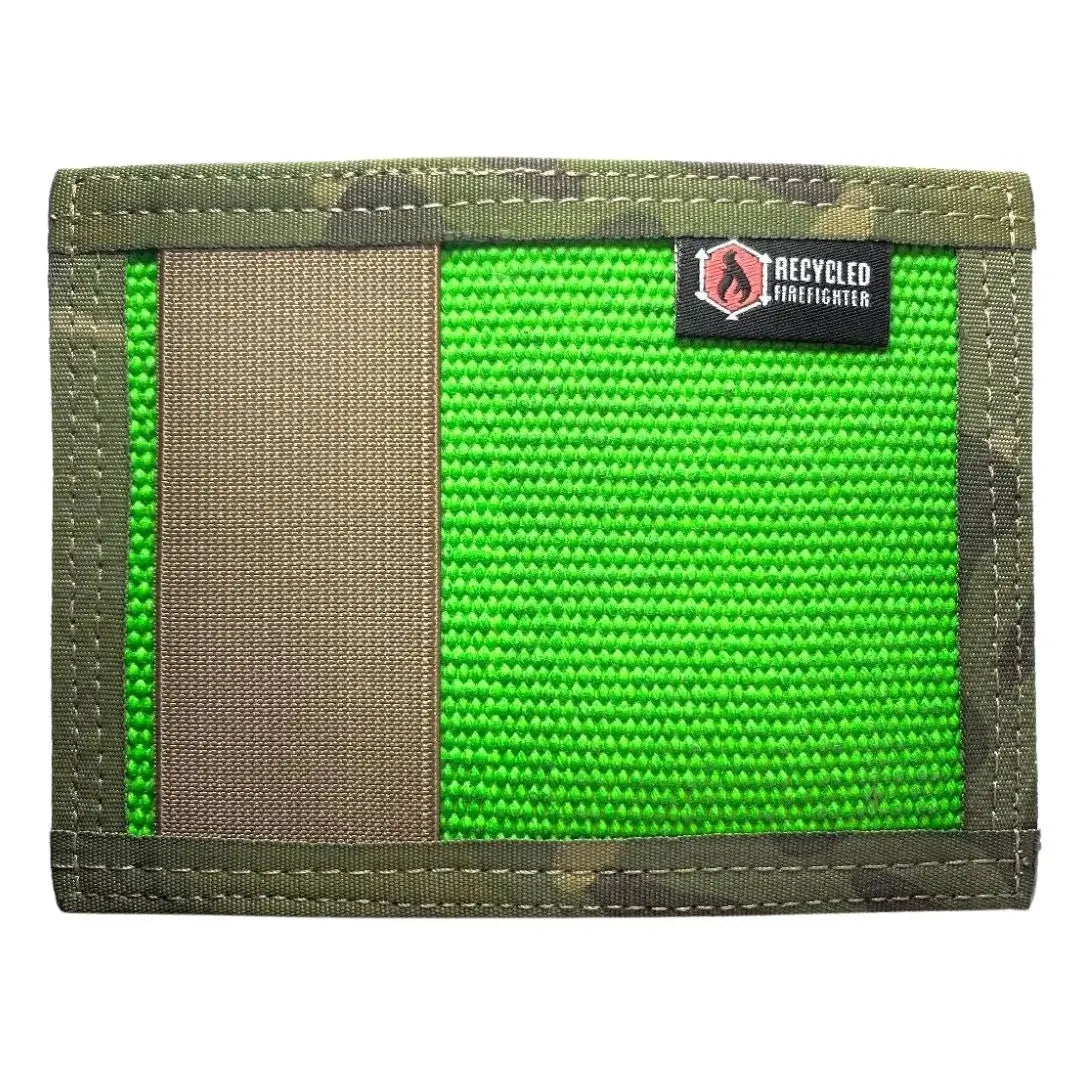 Tropical green and multicam Rookie Wallet from Recycled Firefighter. Fire hose exterior adapts to warm climate operations.