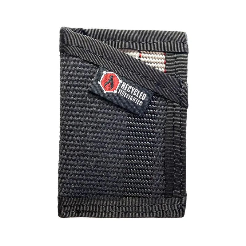 Sergeant Wallet — Fire Hose Edition in Black & Black. Slim front-pocket EDC wallet handmade by Recycled Firefighter from decommissioned fire hose.