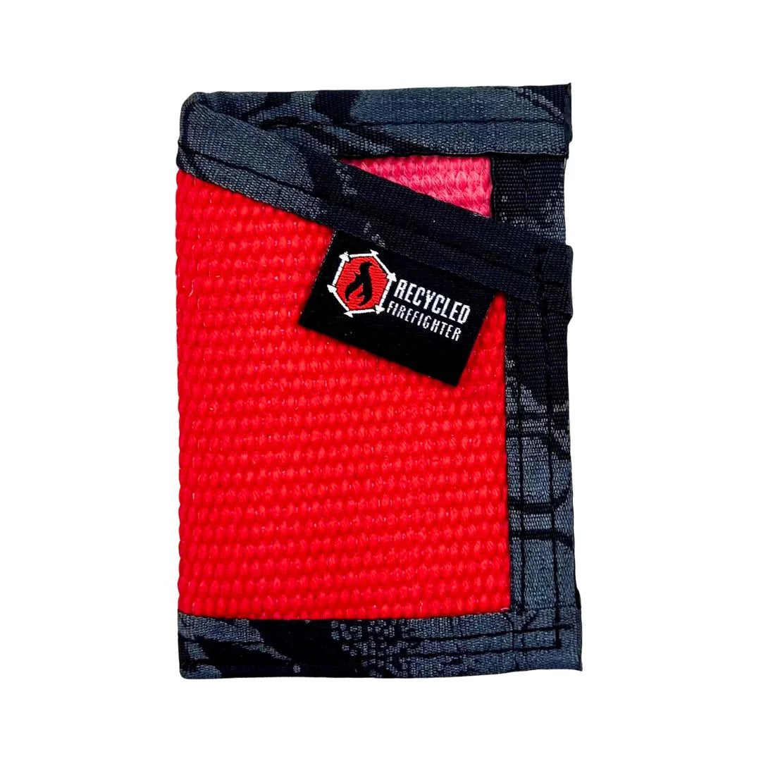 Red and typhon camouflage Sergeant Wallet from Recycled Firefighter. Bold visibility blends with tactical concealment in fire hose construction.