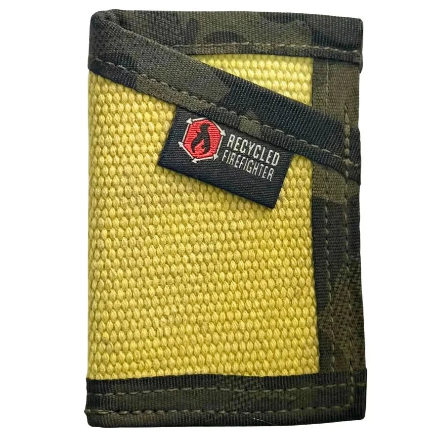 Vintage yellow with multicam black Sergeant Wallet from Recycled Firefighter. Balanced design merges brightness with tactical camouflage.