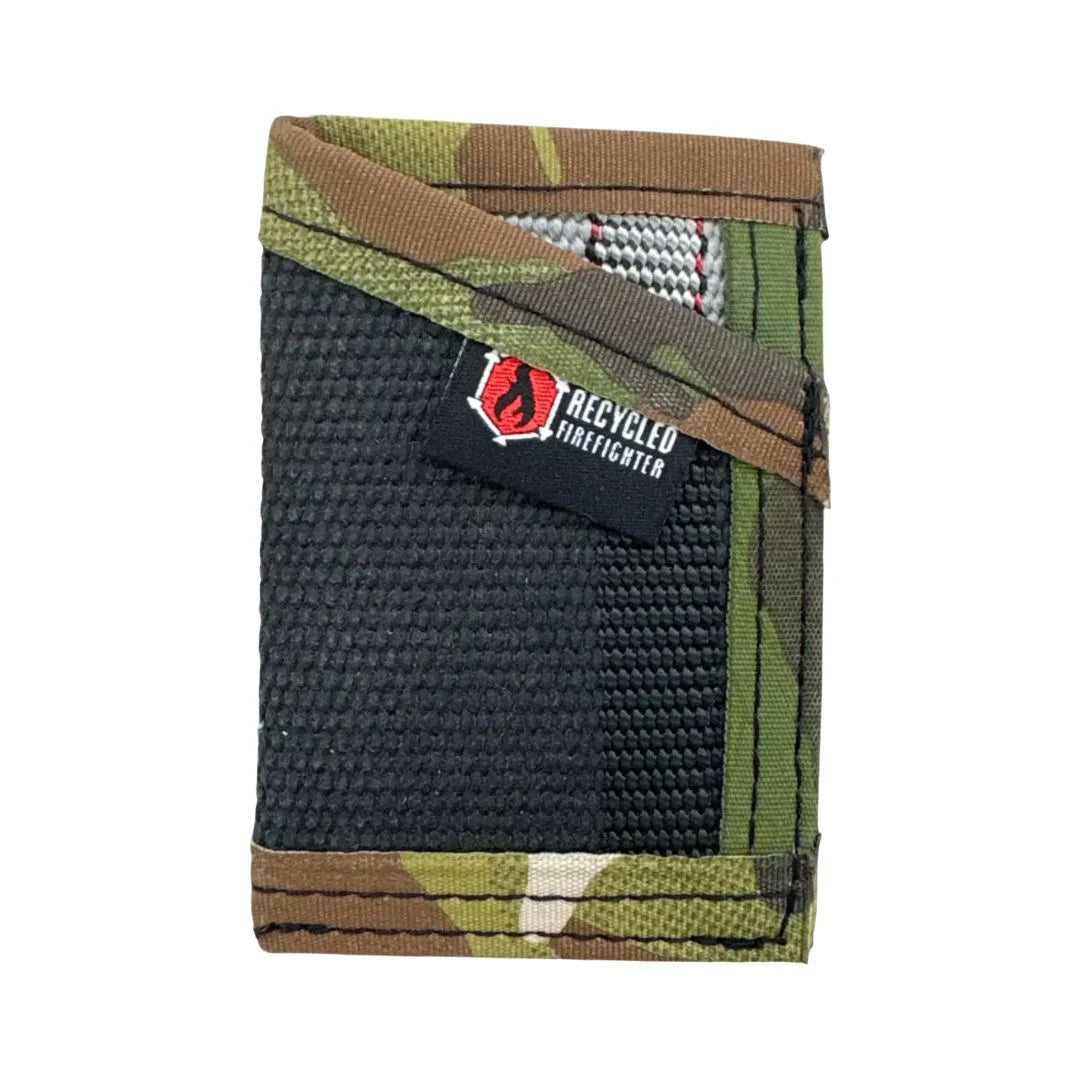Professional black and multicam Sergeant Wallet from Recycled Firefighter. Fire hose durability meets versatile tactical camouflage interior.