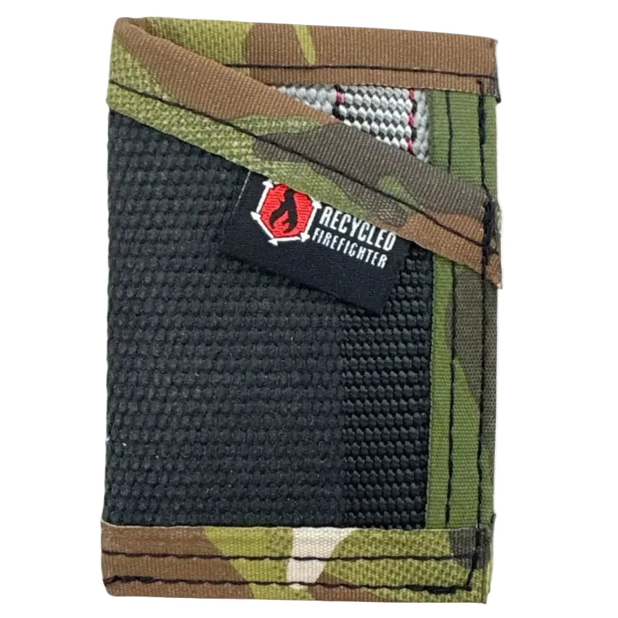 Professional black and multicam Sergeant Wallet from Recycled Firefighter. Fire hose durability meets versatile tactical camouflage interior.