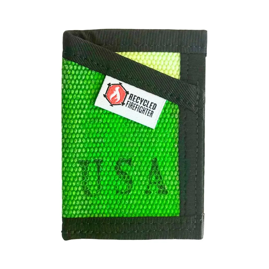 A rugged Green Sergeant Wallet Firehose Edition by Recycled Firefighter featuring a high-strength black elastic cash strap.