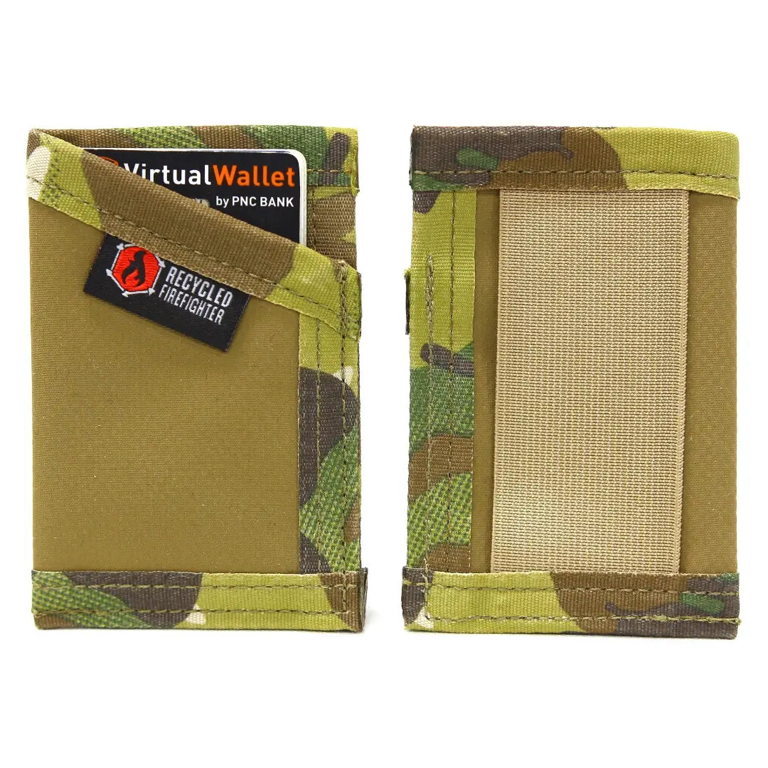 Coyote and multicam Sergeant Hypalon Wallet by Recycled Firefighter. Desert-ready weather protection with tactical camo.