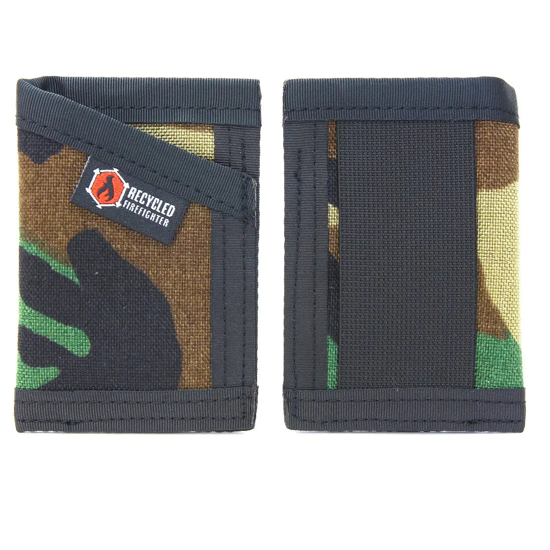 Woodland camo Sergeant Nylon Wallet from Recycled Firefighter. Classic pattern provides proven forest environment concealment.