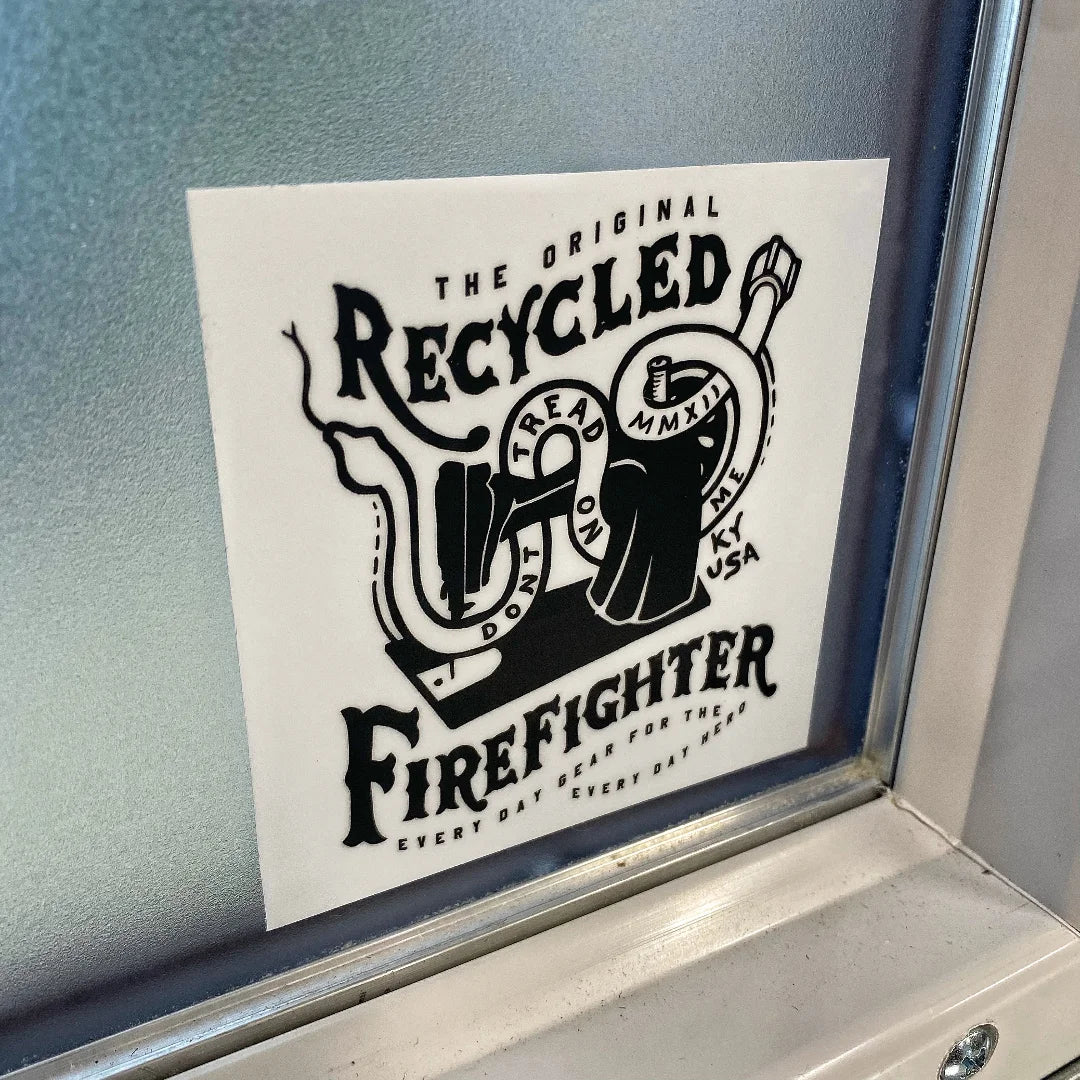 Recycled Firefighter Swag Stickers featuring dtom. Durable construction honors service with professional quality.