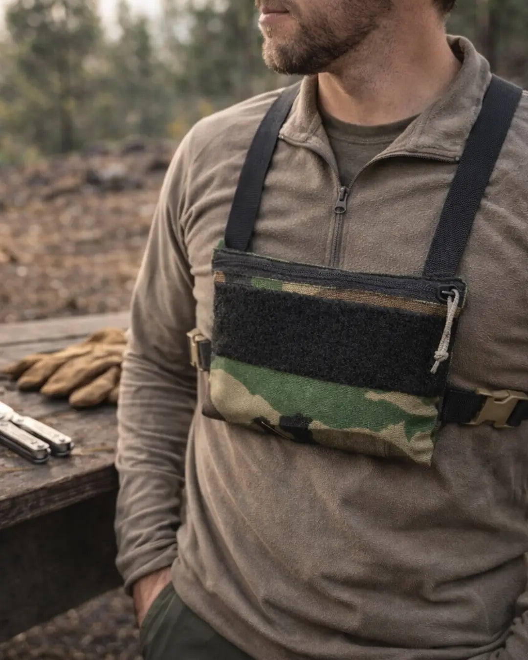 Woodland Minimalist Chest Rig in Woodland Minimalist Chest Rig by Recycled Firefighter. Durable professional gear for tactical applications.