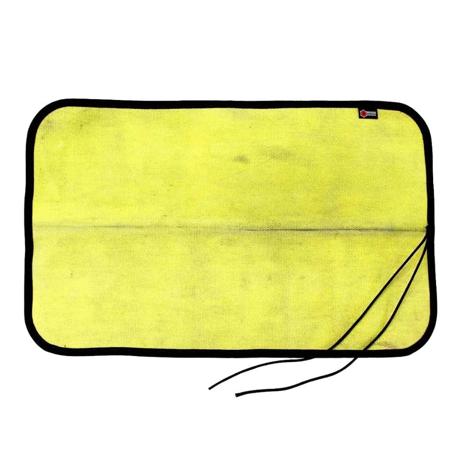 Yellow Black Variant A rugged Yellow Black Drop Zone Mat from Recycled Firefighter featuring a yellow repurposed firehose surface and black 1000D nylon backing. The mat is laid flat to provide a durable workspace for cleaning tools or organizing gear.