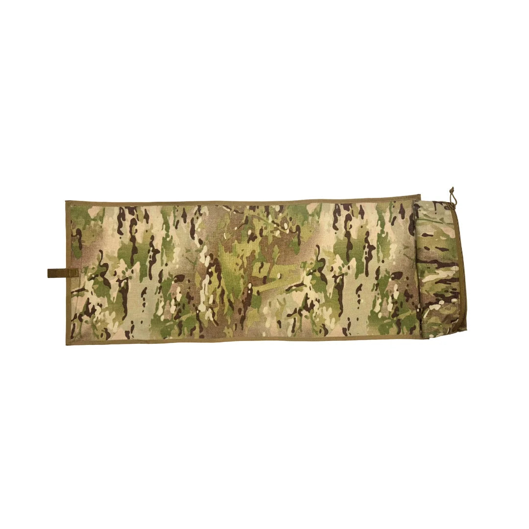 Front view of the Recycled Firefighter Long Rifle Mat Firehose Edition in Vintage Green & Multicam. A rugged American-made rifle mat handcrafted from reclaimed fire hose