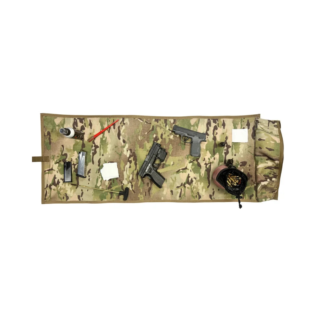 Long Rifle Mat Firehose Edition in Vintage Green & Multicam paired with a rifle and Ammo Gear Bag by Recycled Firefighter. A 40 x 16 inch USA-made range mat built from real fire hose with a built-in YKK zippered pouch.