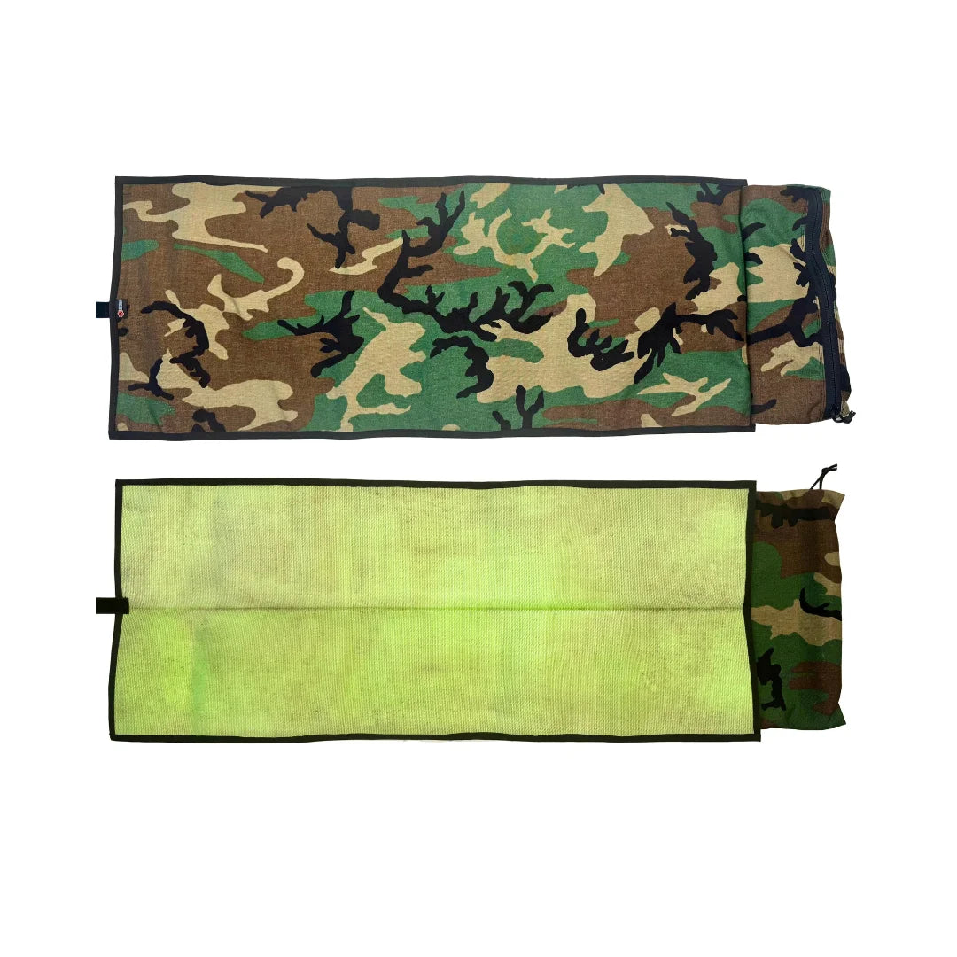 Recycled Firefighter Long Rifle Mat Firehose Edition in Vintage Green & Woodland, flat front and back view. Handcrafted in America from reclaimed fire hose and 1000D Cordura, sized 40" x 16" for full rifle coverage.