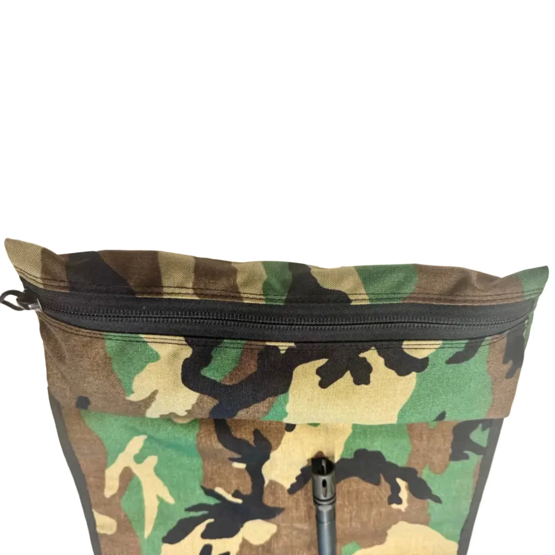 "Long Rifle Mat Firehose Edition in Vintage Green & Woodland showing the integrated zippered accessory pouch by Recycled Firefighter. Features a YKK zipper with paracord pull