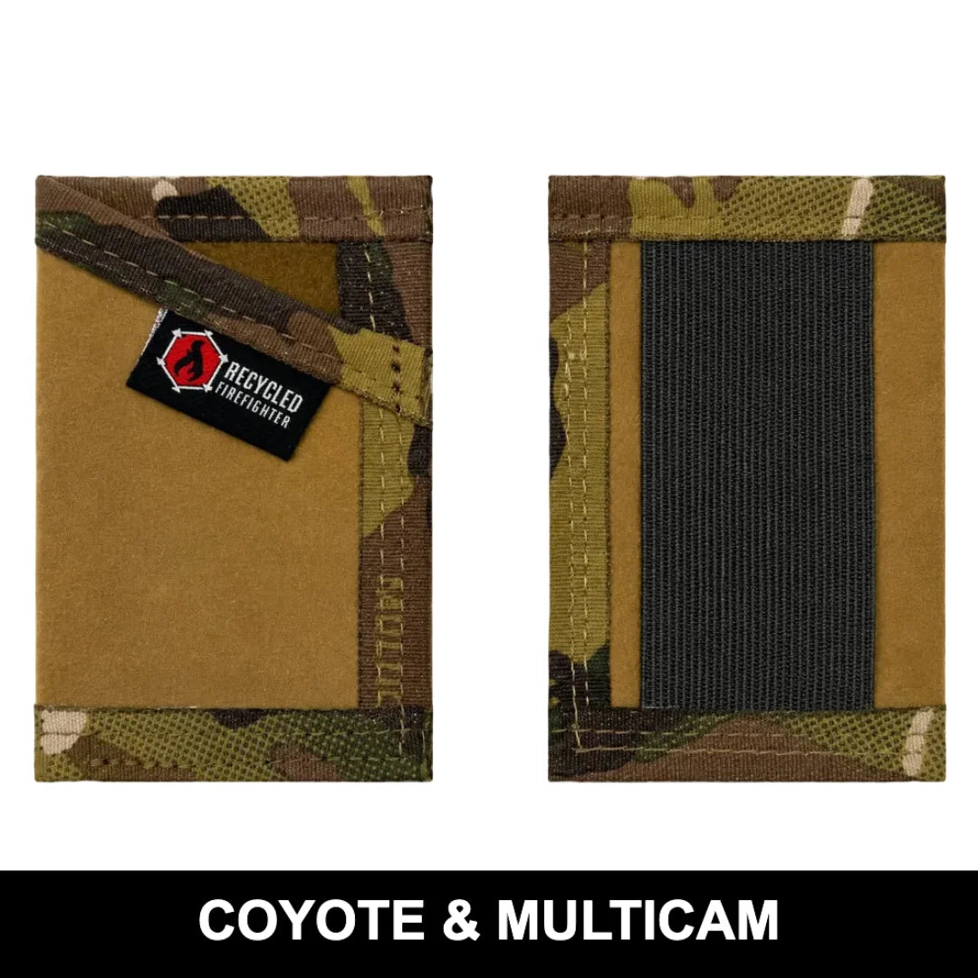Coyote leather with multicam Sergeant Wallet from Recycled Firefighter. Military-grade leather meets tactical camouflage.