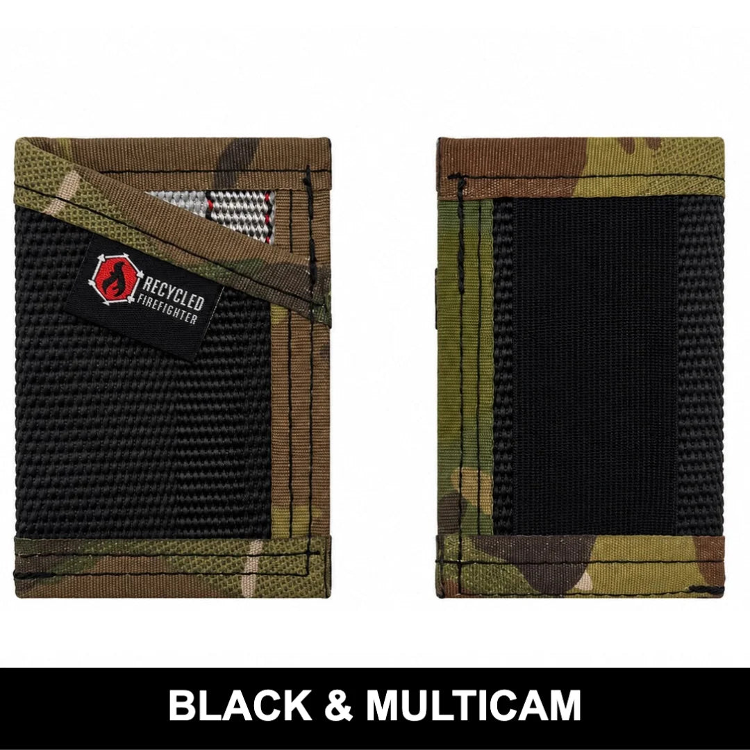 Professional black and multicam Sergeant Wallet from Recycled Firefighter. Fire hose durability meets versatile tactical camouflage interior.