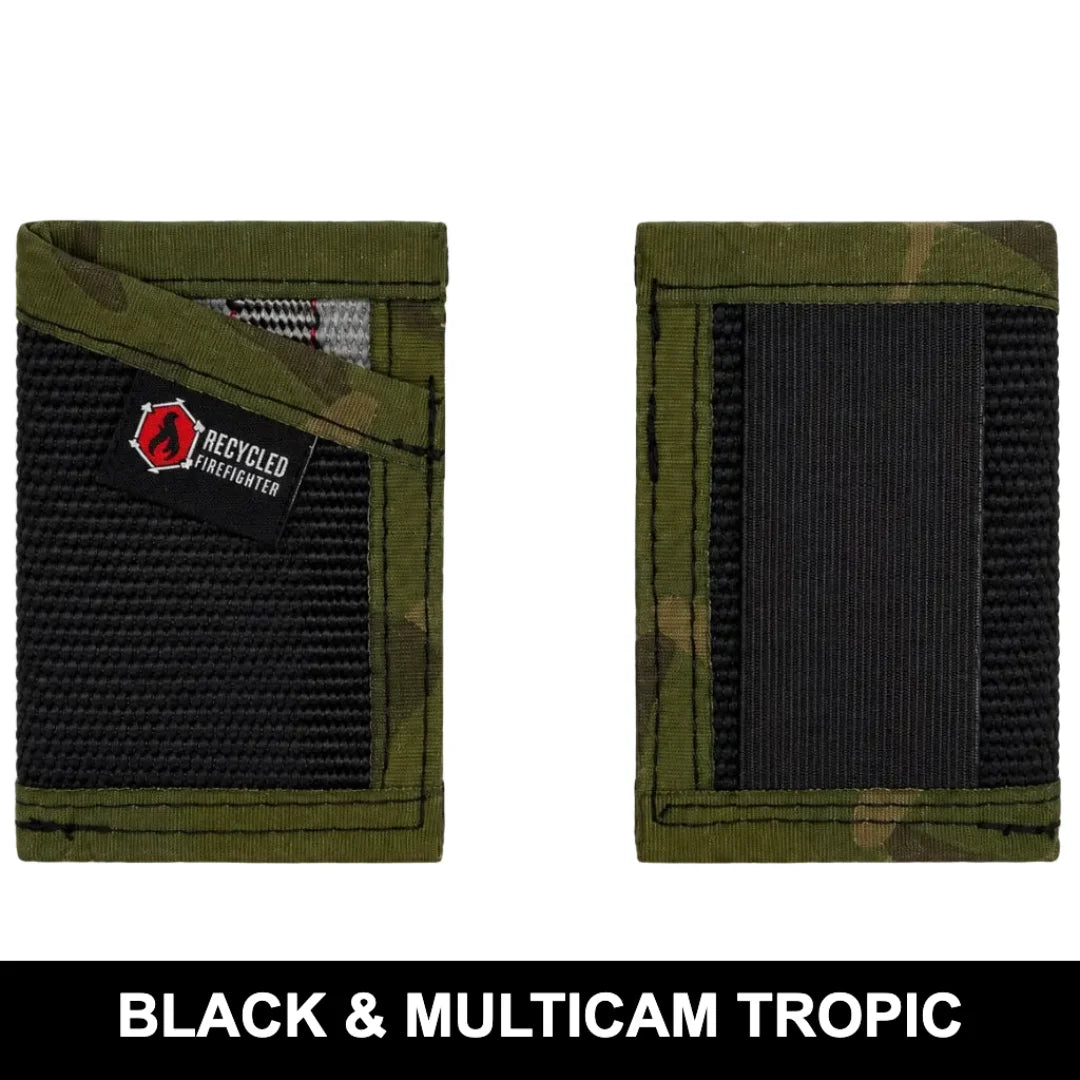 Professional black and multicam tropic Sergeant Wallet from Recycled Firefighter. Fire hose durability meets versatile tactical camouflage interior.