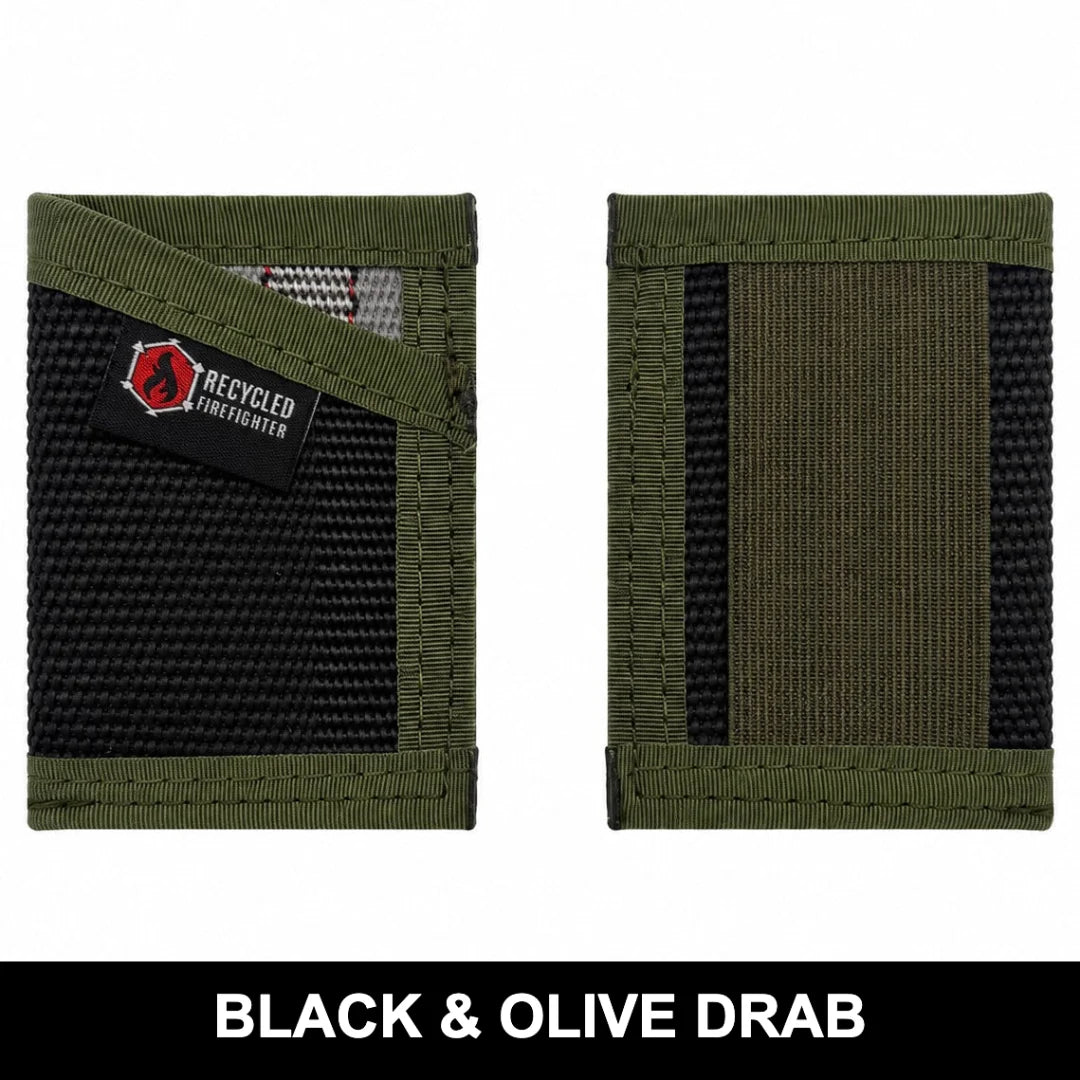 Military-styled black and olive drab Sergeant Wallet from Recycled Firefighter. Classic color combination honors service heritage.