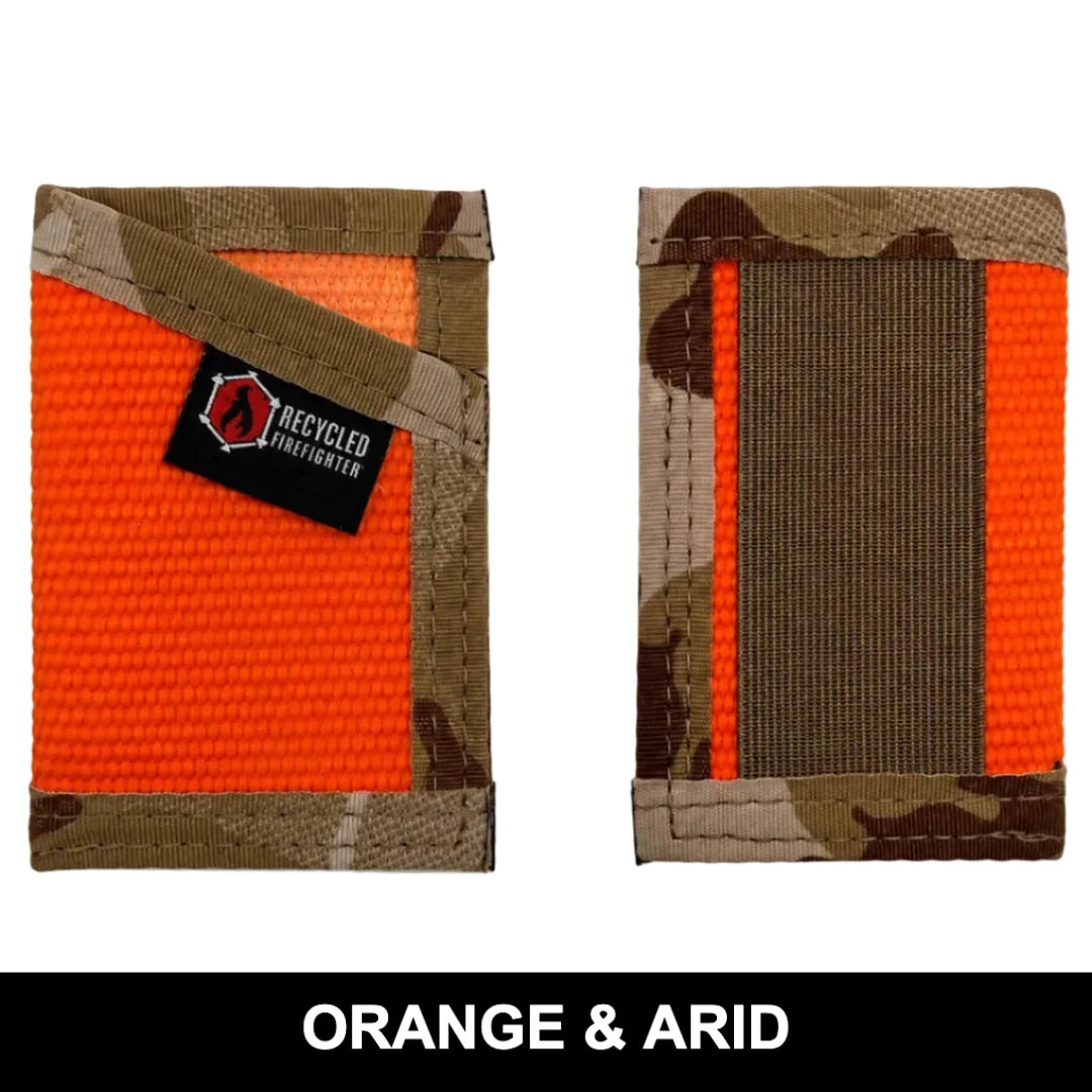 High-visibility orange and arid Sergeant Wallet made from fire hose. Recycled Firefighter ensures gear identification during emergency response.