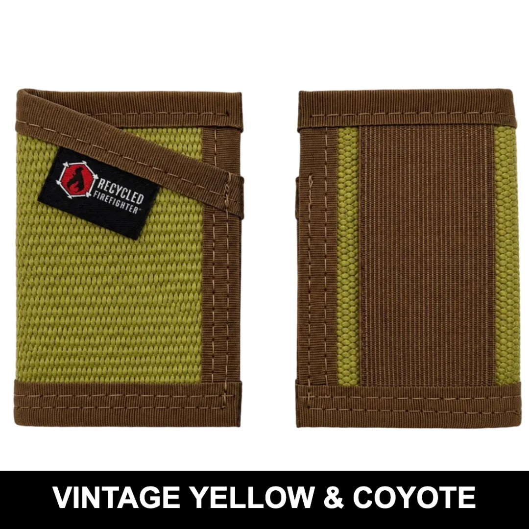Earth-tone vintage yellow and coyote Sergeant Wallet by Recycled Firefighter. Natural color pairing maintains professional tactical appearance.