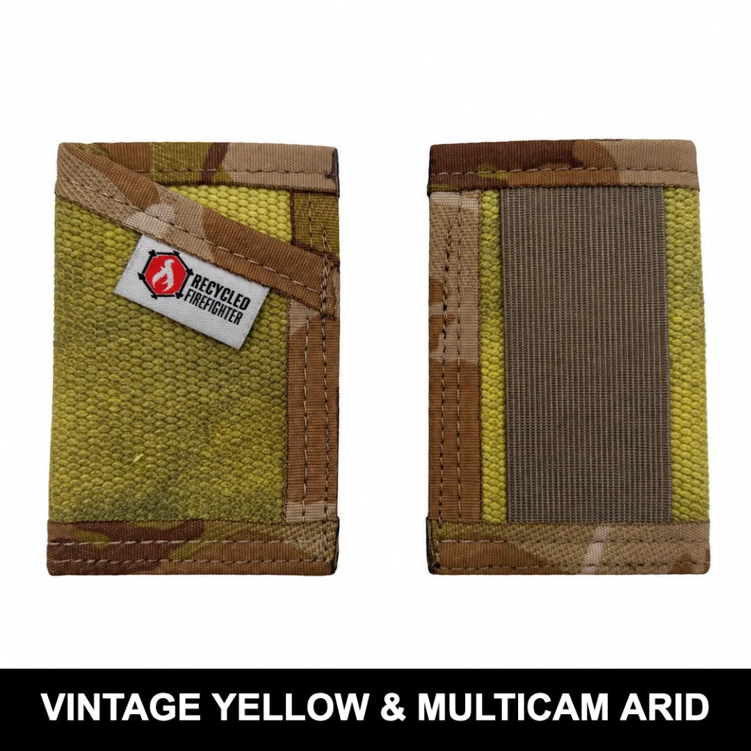 Desert-ready vintage yellow and multicam arid Sergeant Wallet. Recycled Firefighter's fire hose design adapts to arid environments.