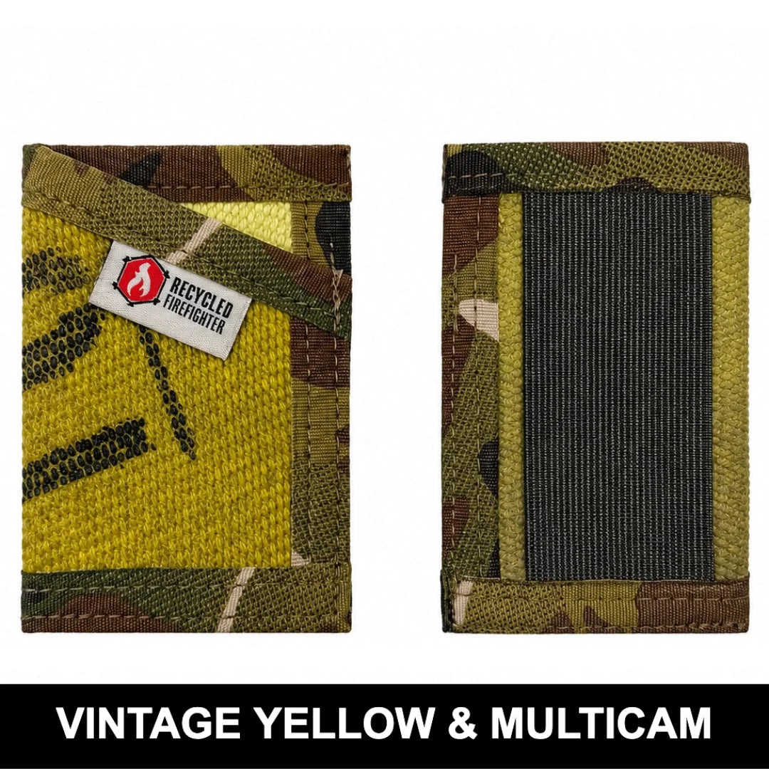 Vintage yellow meets multicam in this Sergeant Wallet by Recycled Firefighter. Fire hose construction creates durable tactical storage with distinctive color blocking.