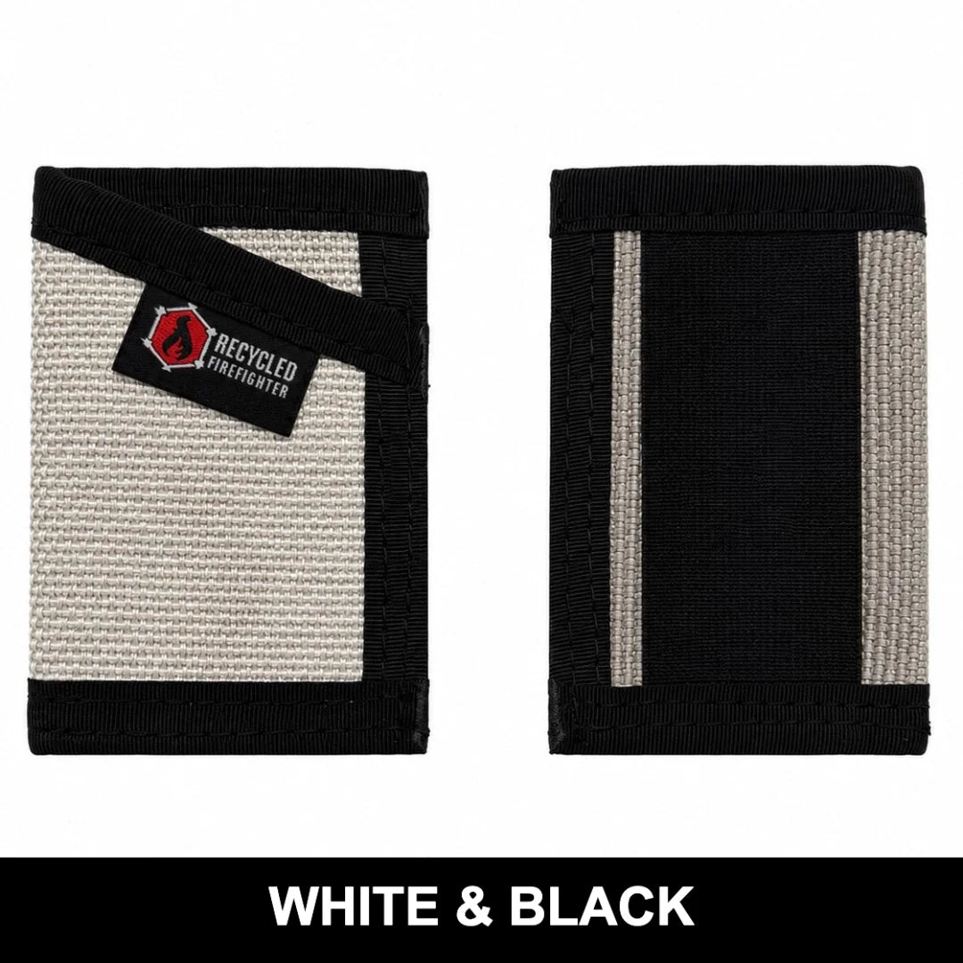 Clean white and black Sergeant Wallet made from recycled fire hose. Recycled Firefighter's design celebrates first responder heritage with professional appearance.