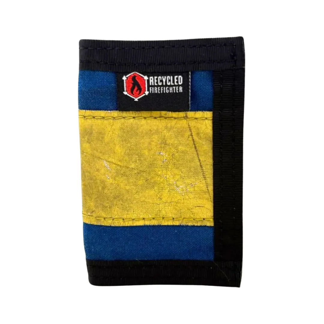 Blue stripe bunker gear Rookie Wallet by Recycled Firefighter. Distinctive striping pattern identifies fire service equipment.