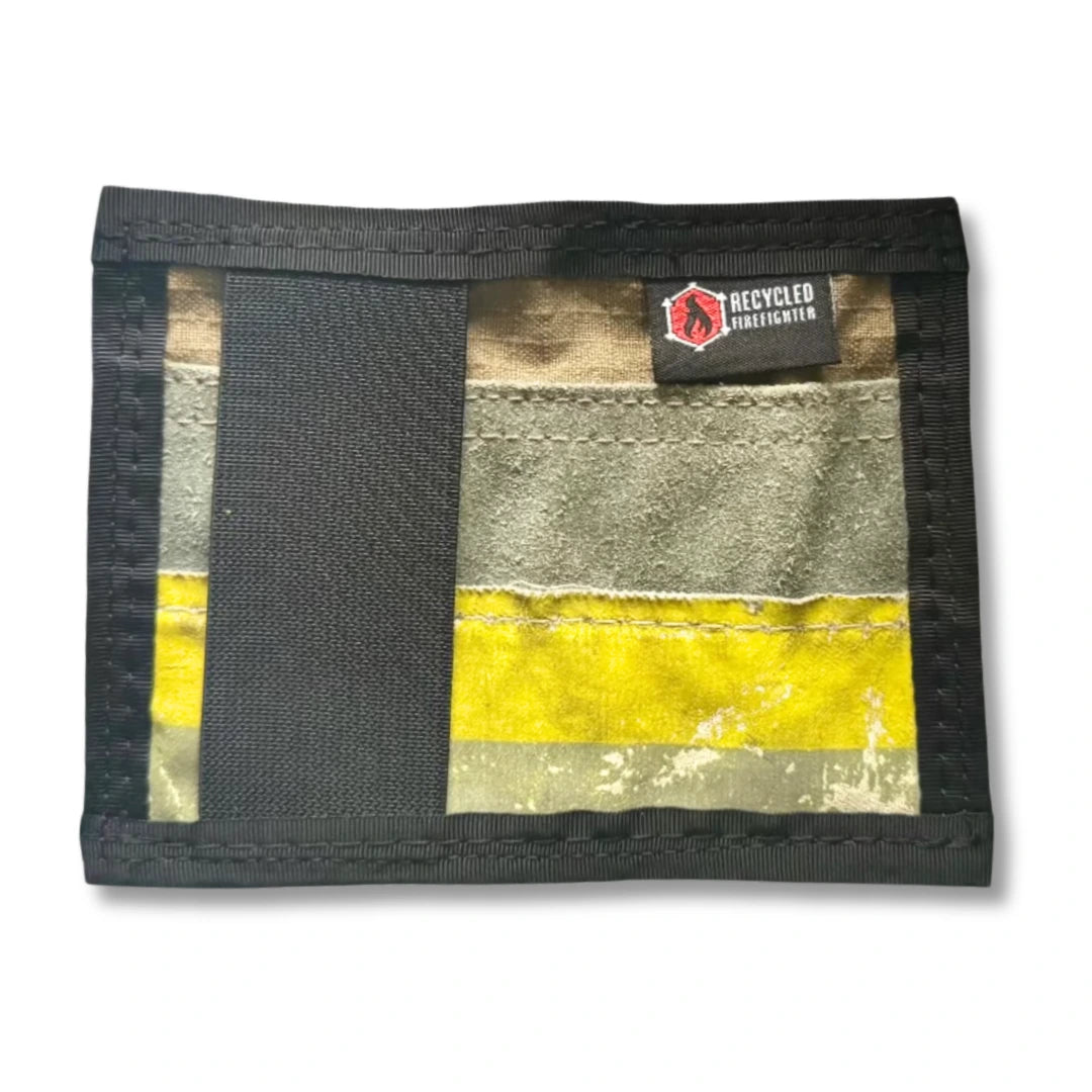 Safety stripe black Rookie Wallet from Recycled Firefighter. Authentic bunker gear celebrates firefighter heritage with reflective design.