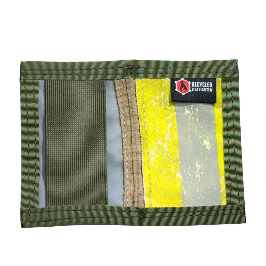 Safety stripe olive drab Rookie Wallet from Recycled Firefighter. Military-inspired bunker gear blends service traditions.