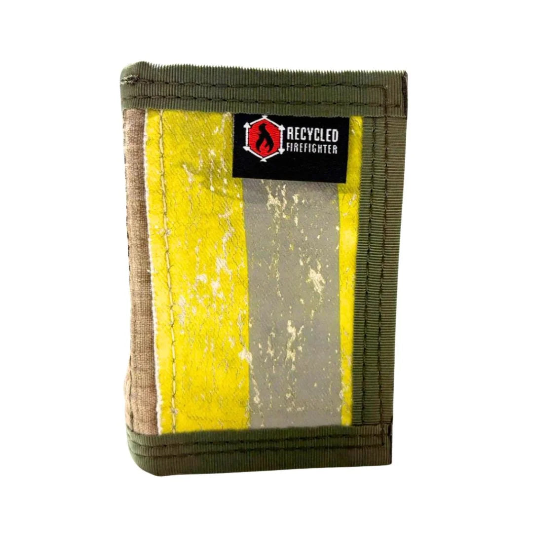 Safety stripe olive drab Rookie Wallet from Recycled Firefighter. Military-inspired bunker gear blends service traditions.