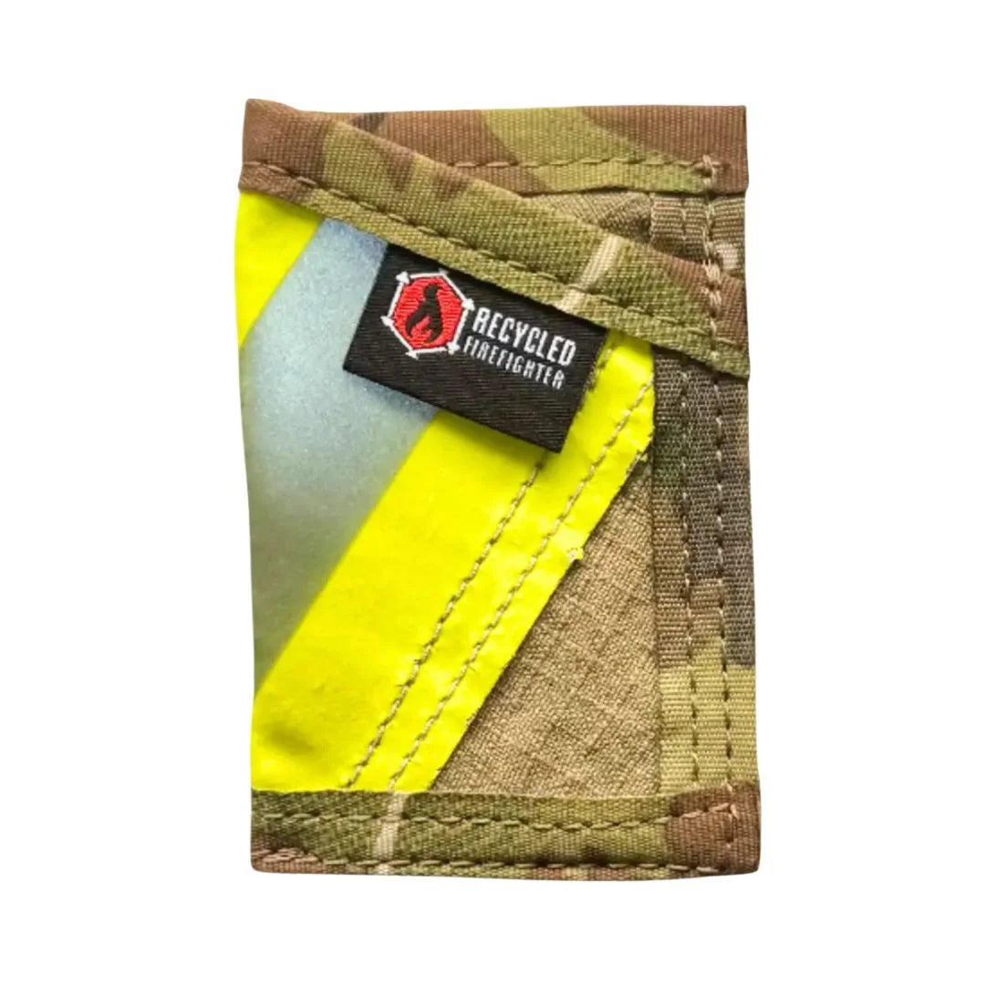 Safety stripe multicam Sergeant Wallet from Recycled Firefighter. Bunker gear provides visibility with tactical camouflage.