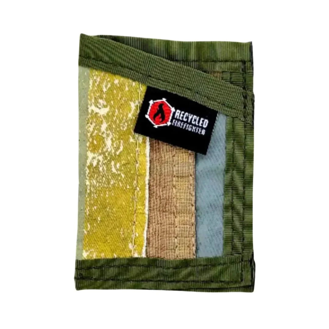 Military olive drab safety stripe Sergeant Wallet by Recycled Firefighter. Bunker gear honors combined service heritage.