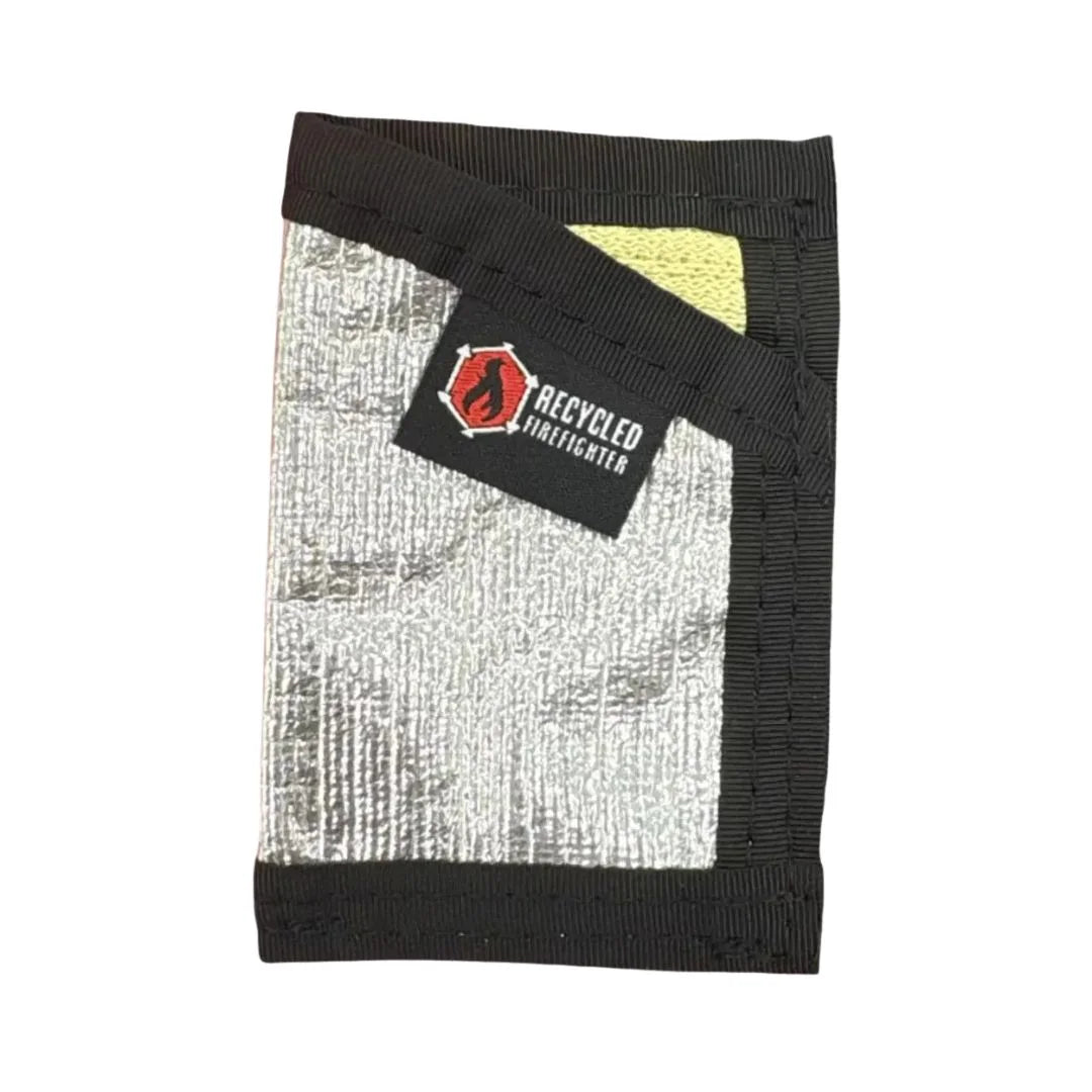 Recycled Firefighter Sergeant Bunker Wallet featuring black safety stripe. High-visibility bunker gear design honors fire service heritage.
