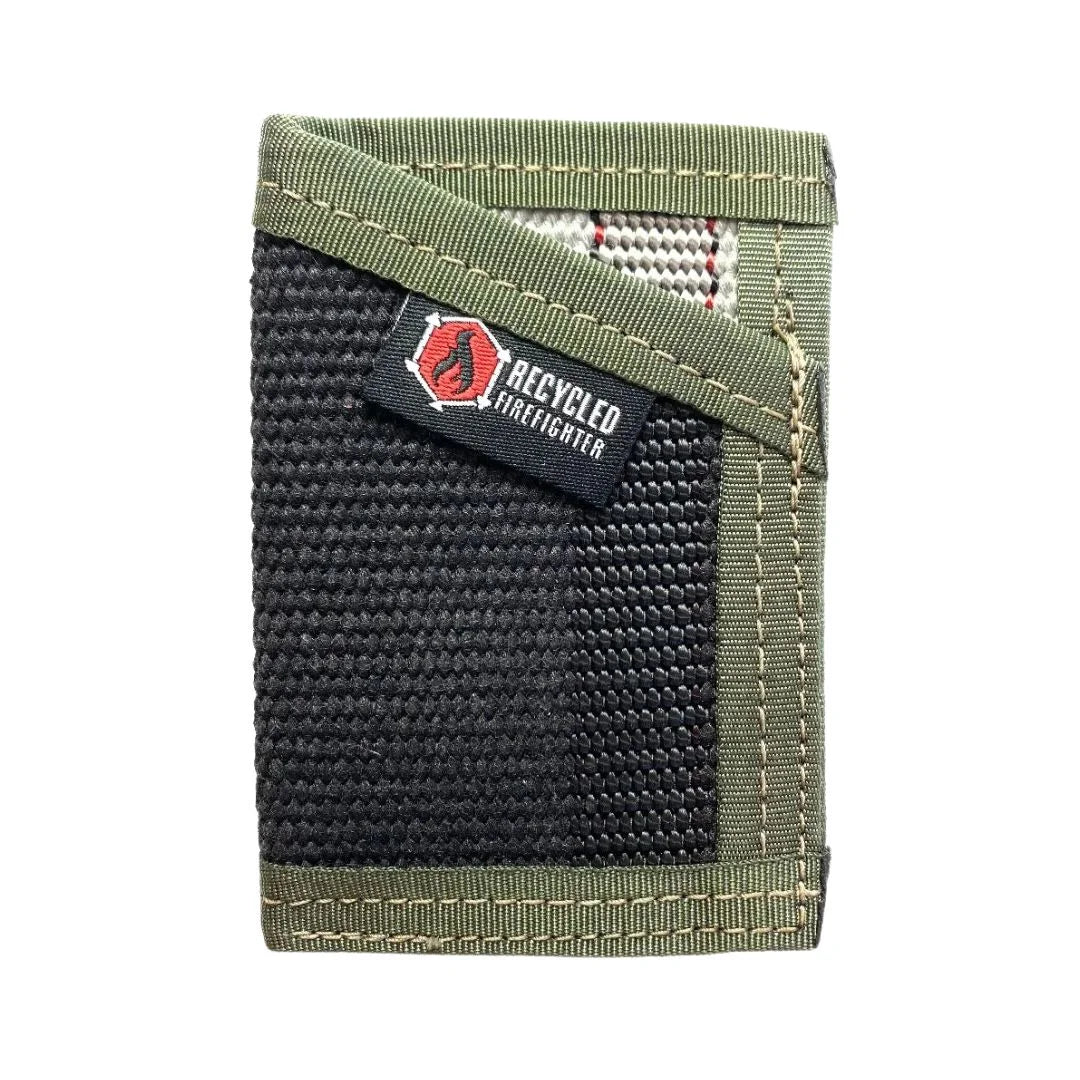 Military-styled black and olive drab Sergeant Wallet from Recycled Firefighter. Classic color combination honors service heritage.