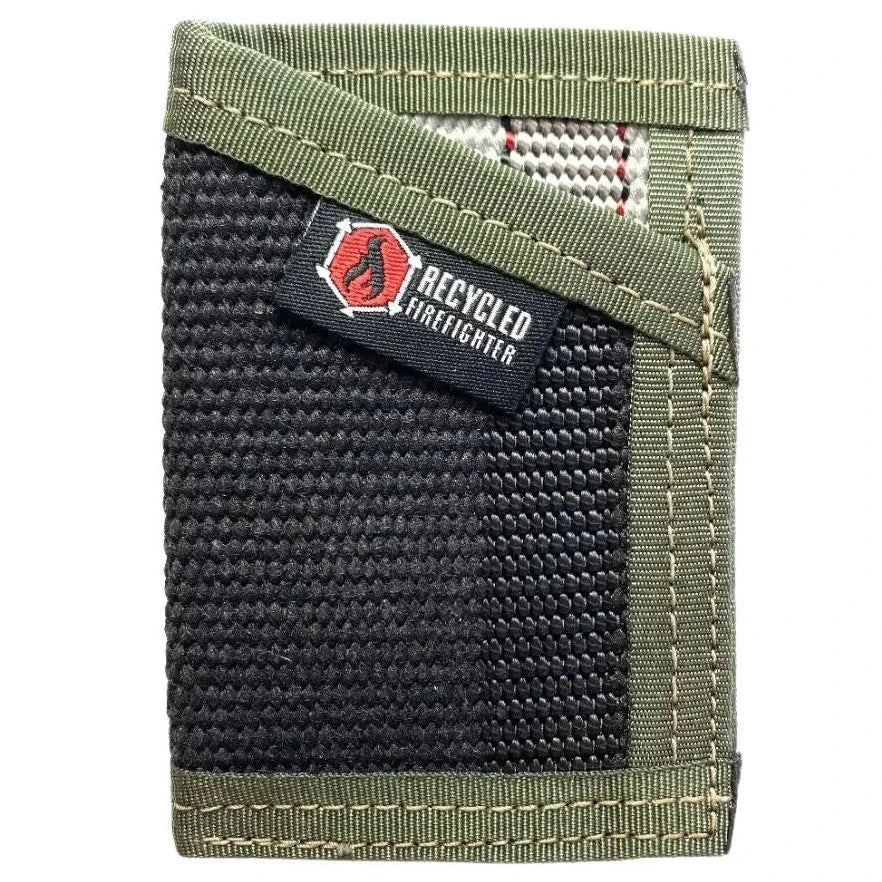 Military-styled black and olive drab Sergeant Wallet from Recycled Firefighter. Classic color combination honors service heritage.