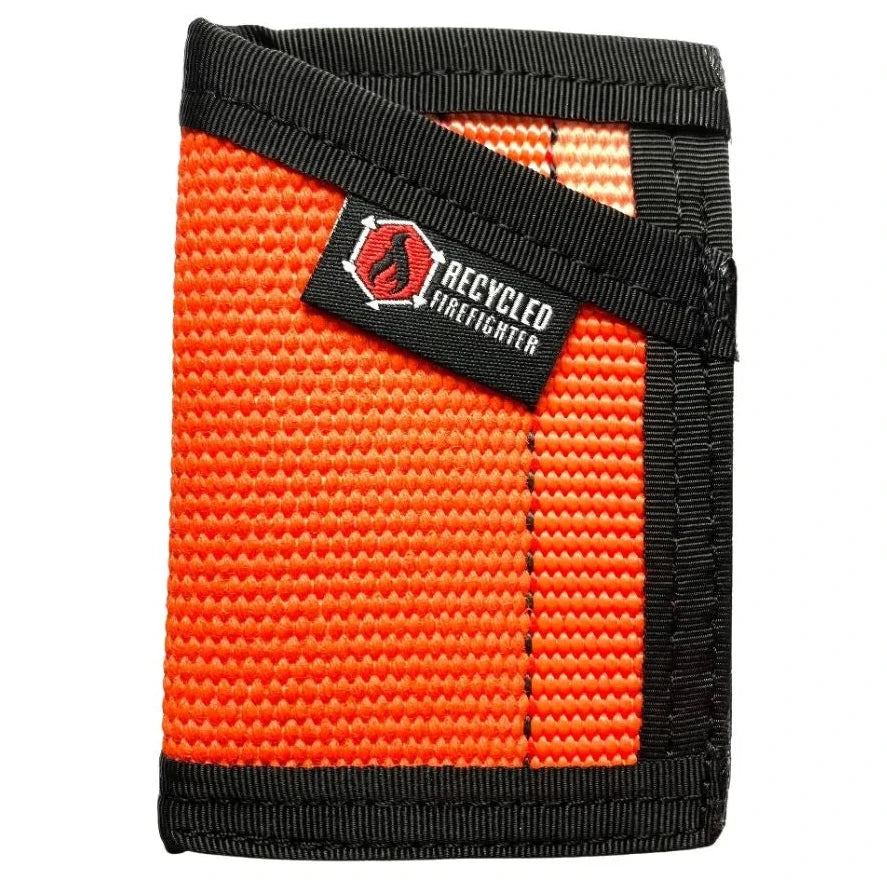 High-visibility orange and black Sergeant Wallet made from fire hose. Recycled Firefighter ensures gear identification during emergency response.