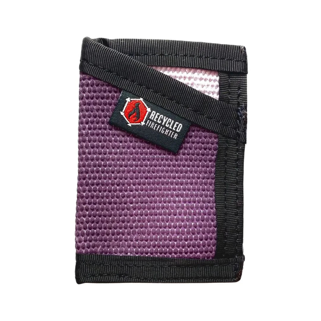 Unique purple and black Rookie Wallet by Recycled Firefighter. Distinctive fire hose design stands out.