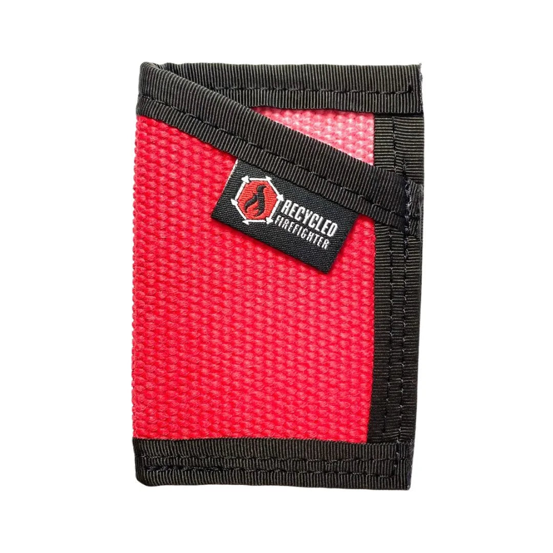Striking red and black Sergeant Wallet crafted from fire hose. Recycled Firefighter's bold design ensures visibility while organizing tactical essentials.