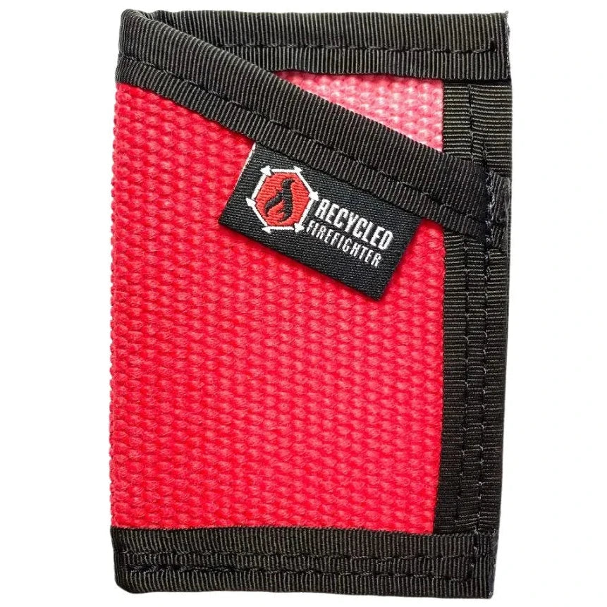 Striking red and black Sergeant Wallet crafted from fire hose. Recycled Firefighter's bold design ensures visibility while organizing tactical essentials.
