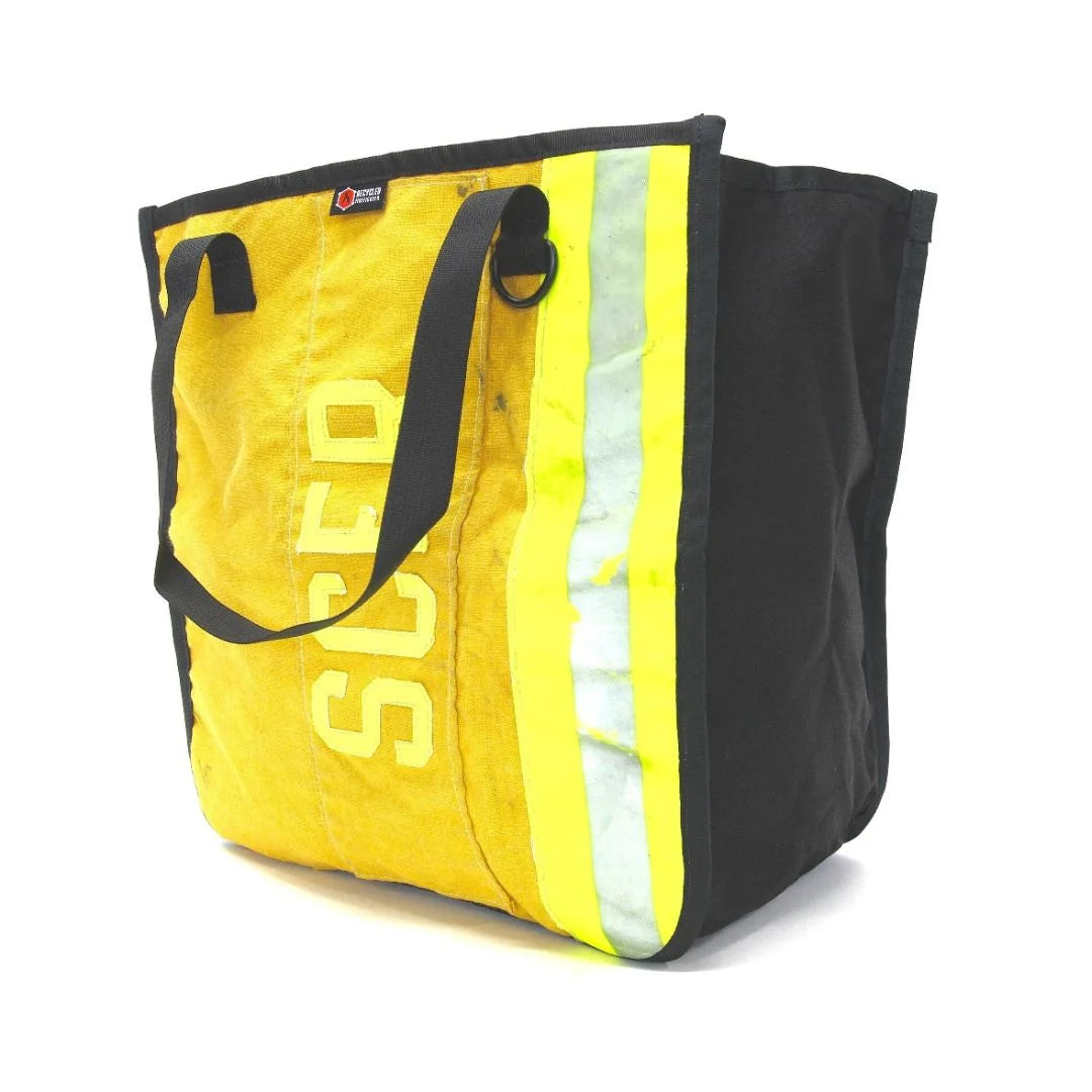 Recycled Firefighter's The Premier Tote Bag in tan bunker gear. Built tough for demanding professional and tactical applications.