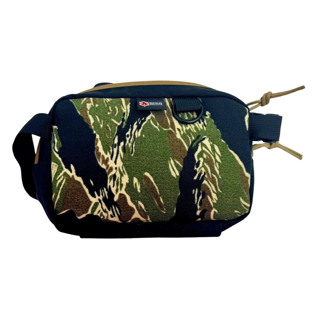 Jungle tiger stripe TrailHound Fanny Pack by Recycled Firefighter. Bold wildlife camo keeps hands free while securing gear at the waist.