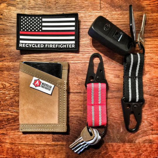 The Chauffeur - Durable keychain clip Recycledfirefighter in Red, Black, Sergeant Wallet Leather, and Recycledfirefighter patch. 